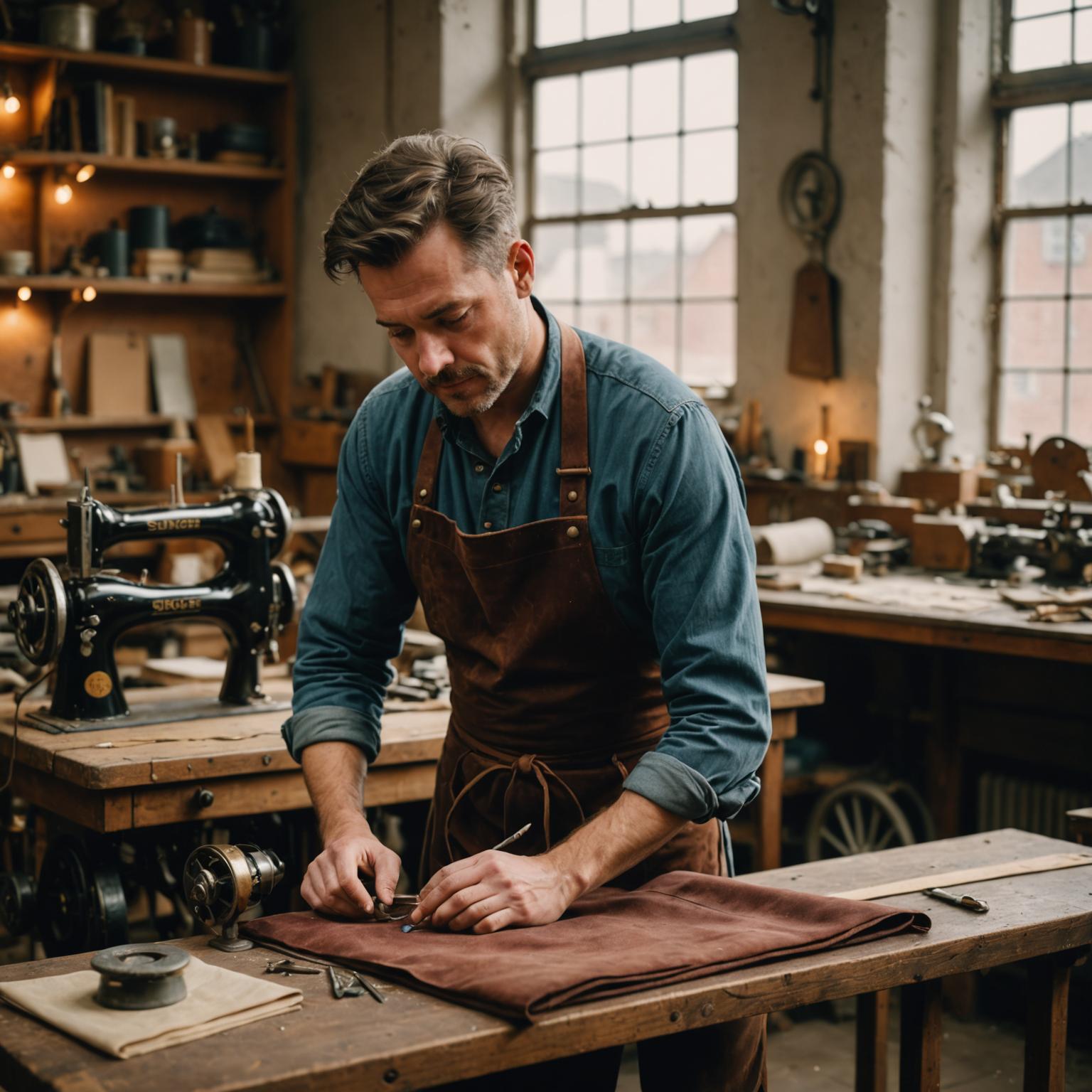 Movarix upholsterer hand-stitching a velvet cushion in the Shoreditch workshop