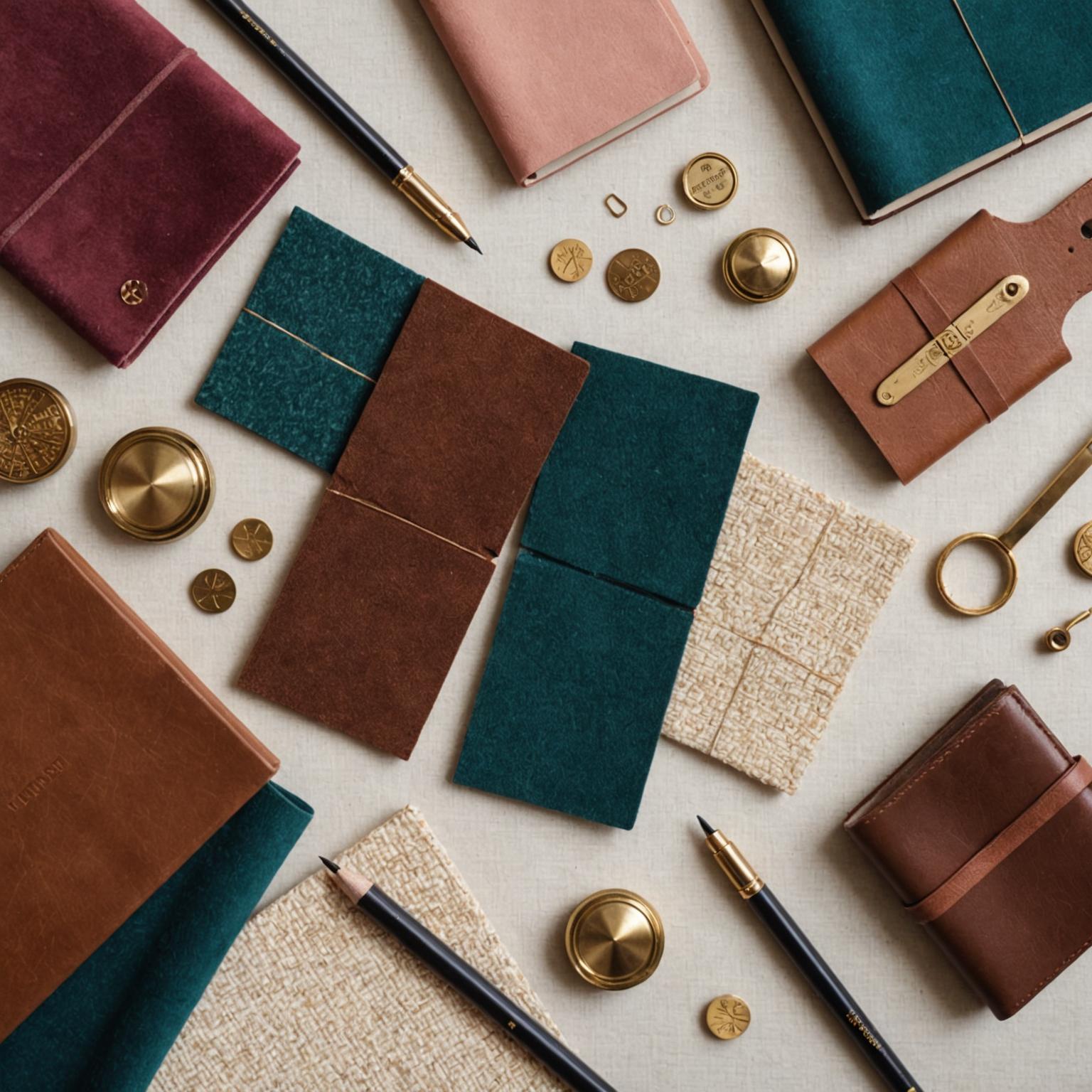 Fabric and leather swatches arranged on a workbench