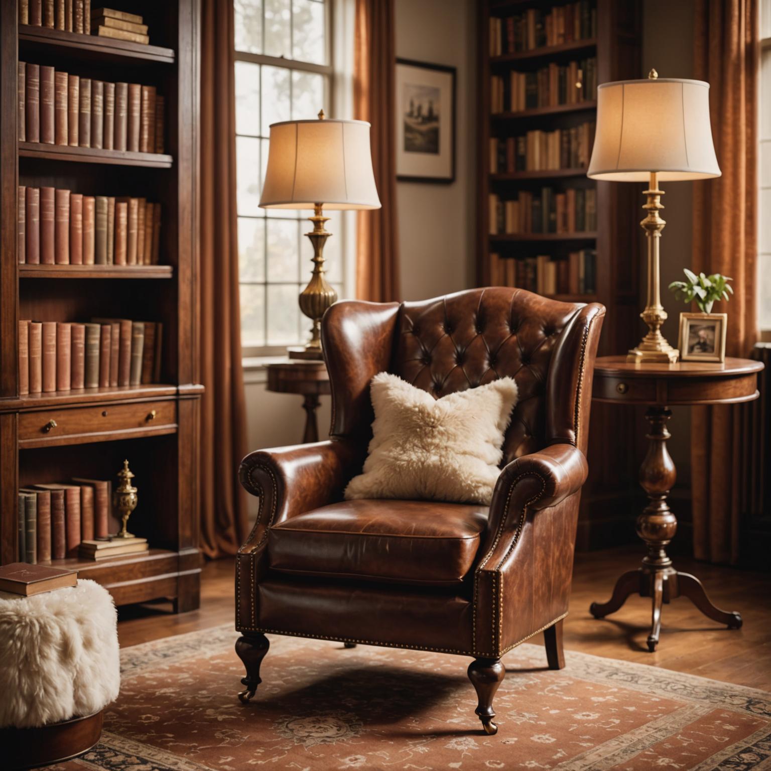 Chestnut leather wingback armchair