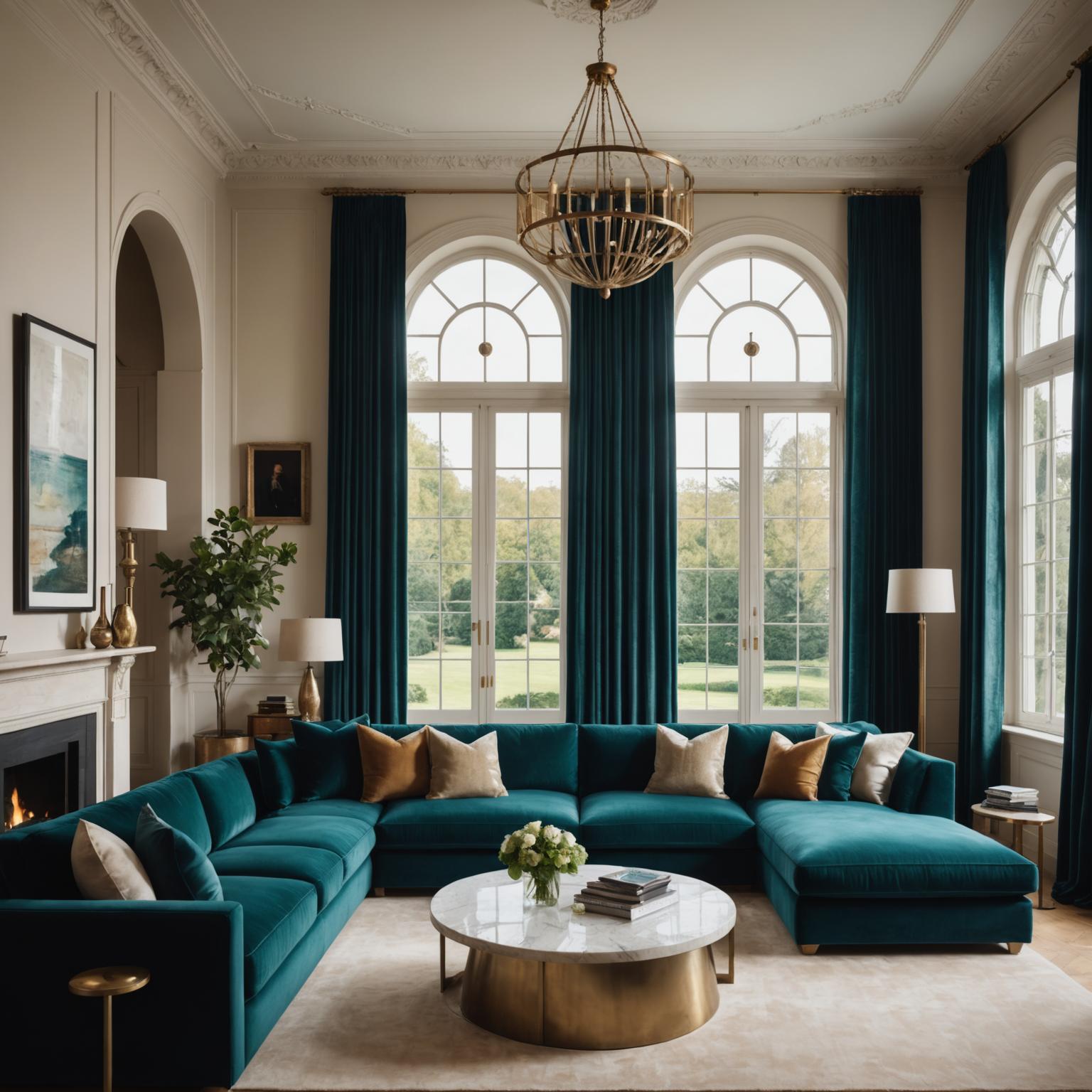 Custom teal velvet sectional sofa in a London townhouse interior